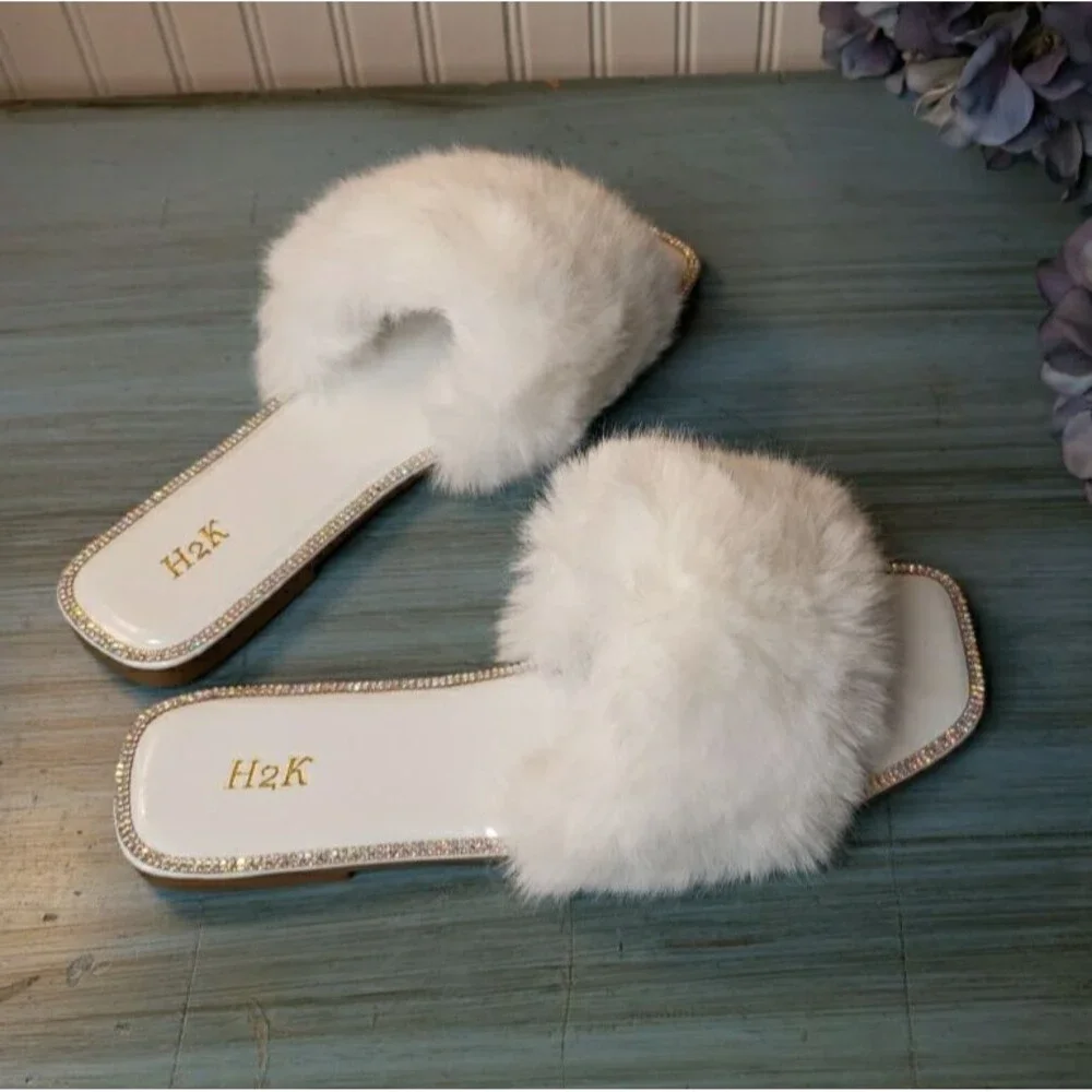 Faux Fur Rhinestone Slides Sandals Slippers Wedding Fuzzy Bling Cute Women Sz 10 - Picture 16 of 16